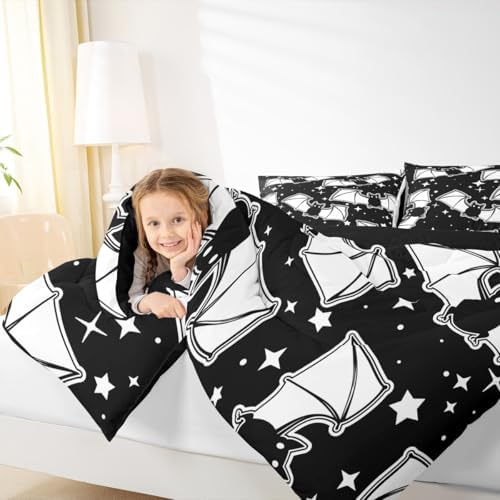Feelyou Halloween Bedding Set for Girls Boys Kids Toddler Size Black Bats Animal Print Silhouette Comforter Cover Room Decor Happy Holiday Cute Star Print Luxury Duvet Cover Black Quilt Set - Image 6