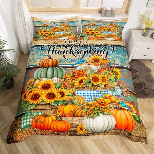 Happy Thanksgiving Kids Duvet Cover Set Queen Size,Fall Sunflowers Pumpkin Bedding Set,Girls Boys Adults Room/Cabin Decor,Vintage Wooden Plank Autumn Comforter Cover,Rustic Quilt Cover,2 Pillowcases - Image 4
