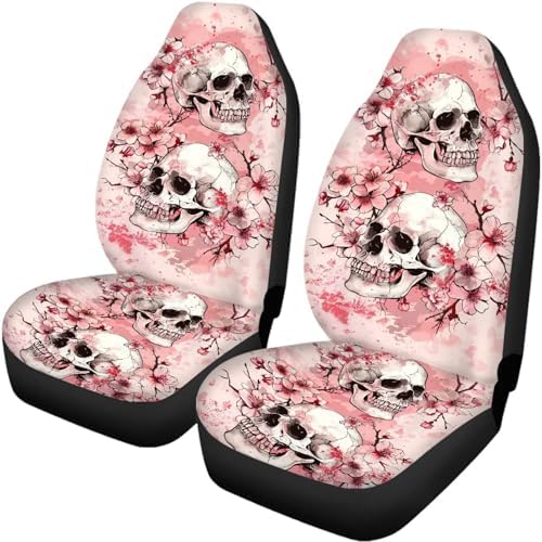 Skulls Pink Cherry Blossom Print Car Seat Covers 4Pcs Front & Rear Breathable Seat Covers Universal Fits for Truck, Sedan, SUV Auto Interior Protector Car Accessories