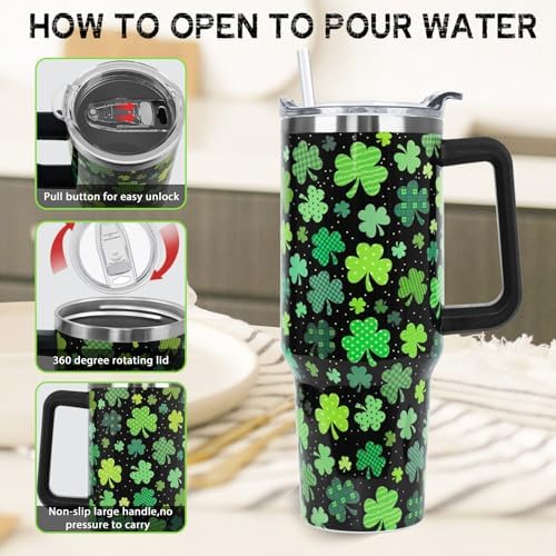 St Patricks Day Tumbler with Handle 40 oz Green Lucky Shamrock Coffee Travel Mug Stainless Steel Insulated Cup Irish Saint Patricks Decor Gifts - Image 4