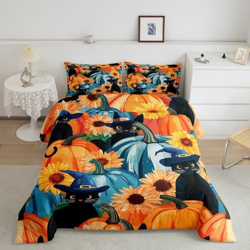 Black Cat Decor Bedding Comforter Sets Halloween Pumpkin Bedding Blue Pumpkin Decor Comforter Set for Girls Boys, Sunflower Gifts for Women Duvet Insert with 2 Pillowcases for Youth Teens, Queen - Image 2