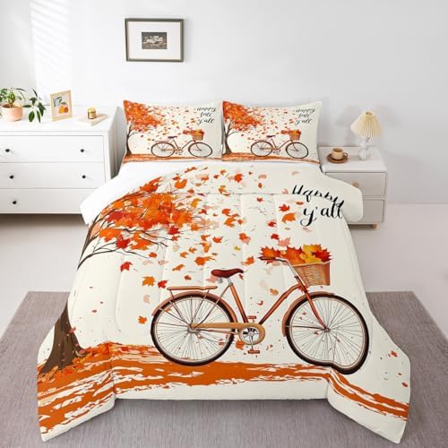 Homewish Rustic Farmhouse Bike Comforter Set Full Size,Orange Maple Leaves Bedding 3pcs for Kids Boys Girls Room Decor,Happy Fall Y'all Quilted Duvet Romantic Autumn Plants Bedspread,2 Pillowcases - Image 5