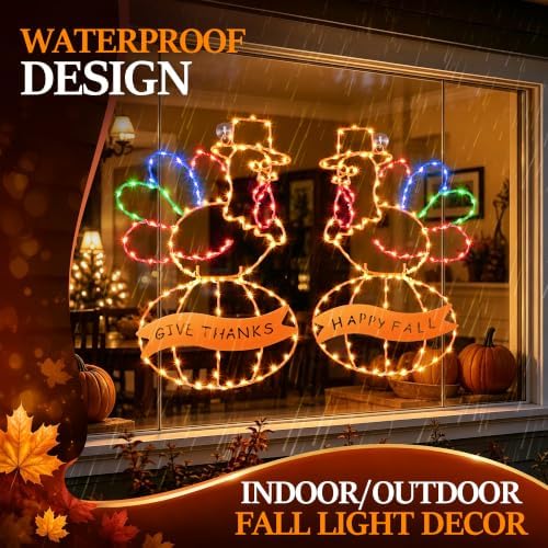 2 Pcs Large Thanksgiving Window Lights Turkey Decorations, Fall Decor Window Lights, LED Turkey Pumpkin Light 2026 Thanksgiving Decor with Timer & 8 Mode & Battery Operated(Yellow Red,23") - Image 6