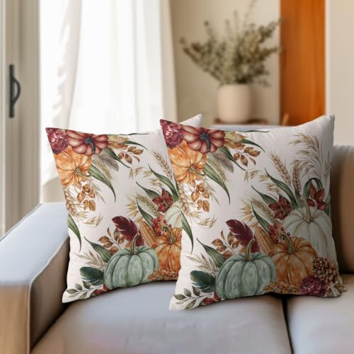 Fall Thanksgiving Pillow Covers 18x18 Set of 2 Colorful Pumpkin Wheat Leaves Pinecones Outdoor Throw Pillows Covers Autumn Harvest Decorative Farmhouse Cushion Case for Room Couch Sofa - Image 3