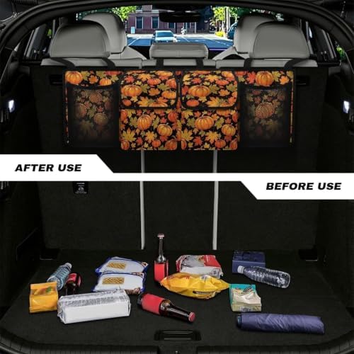 Fall Pumpkin Maple Leaf Print Car Trunk Organizer Car Backseat Storage Bag with 4 Pockets Hanging Trunk Cargo Storage Universal Auto Accessories for Sedans SUV Trucks Van