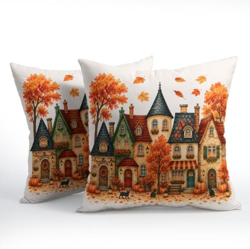 Fall Fairy Tale Cottage Pillow Covers 24x24 Set of 2 Thanksgiving Orange Pumpkin Maple Leaves Outdoor Throw Pillows Covers Black Cat Decorative Farmhouse Cushion Case for Room Couch Sofa - Image 2