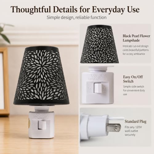 Plug in Night Light with On Off Switch, Floral Metal Shade, 2700K Warm Glow - Image 3