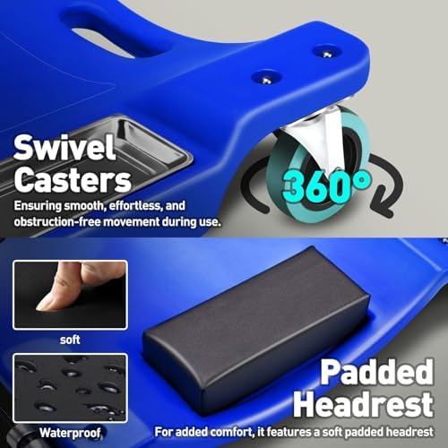 DNA Motoring 40 Inch Low Profile Plastic Rolling Garage Shop Floor Creeper with LED Light, Padded Headrest, Dual Tool Trays, Casters, Blue, TOOLS-00389-BL - Image 5