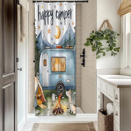 Small Stall Shower Curtain for RV 36x72 Inch, Half Narrow Happy Camper Shower Curtain RV Summer Camping Campfire Scene Forest Mountain Tent Bathroom Curtains Decor Waterproof with 6 Hooks - Image 2