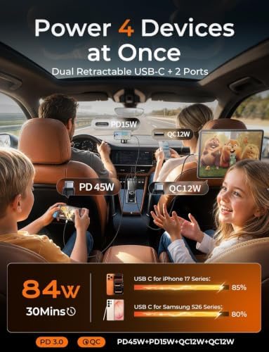 LISEN Retractable Car Charger USB C Fast Charge for iPhone 18 17 Pro Max