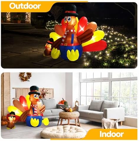 VIVOHOME 7.5ft Long Thanksgiving Inflatable LED Lighted Turkey with Chick - Image 6