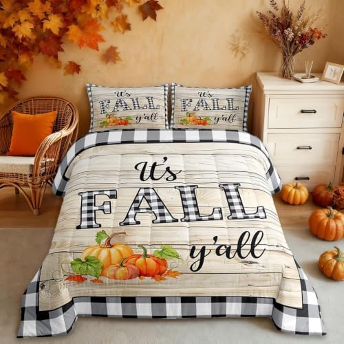 Homewish Fall Pumpkin Grid Comforter Set Full Size,Rustic Farm Barn Wooden Bedding Youth Adults Room Decor,Halloween Plants Plaid Quilt Set Retro Fall Themed Duvet Insert 3pcs,2 Pillowcases by Homewish