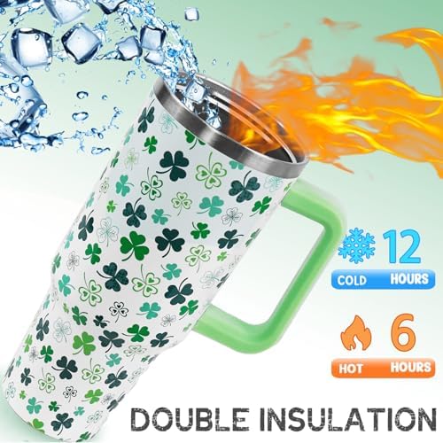 St Patricks Day Tumbler with Handle 40 oz Green Lucky Shamrock Coffee Travel Mug Stainless Steel Insulated Cup Irish Saint Patricks Decor Gifts - Image 2