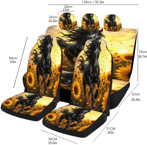 Horse Pattern Car Seat Covers, Trendy Universal Car Seat Protector Full Set, Automotive Seat Covers for Front Seats Rear Seat Back Seat Gift (Horse Sunflower Field Sunset, Full Set)