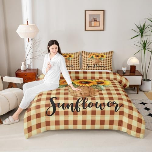 Sunflower Geometric Plaid Comforter Set Full Size,Rustic Farmhouse Bedding Set 3pcs for Kids Girls Adults Home Room Decor,Autumn Floral Quilt Set Nature Yellow Duvet Insert,2 Pillowcases by Homewish