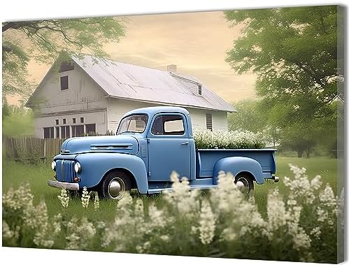QIXIANG Farmhouse Blue Truck Canvas Wall Art for Bedroom Decor Country Old Barn and Flower Paintings Pictures for Home Decor with Framed (24.00" x 36.00", Blue) by QIXIANG