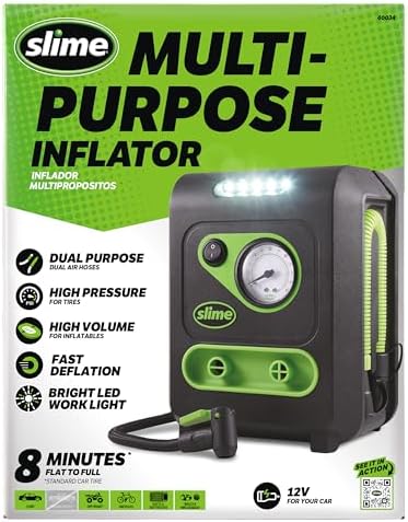 Slime 40034 Tire and Mattress Inflator, All-Purpose, High Pressure, High Volume, Analog 100 psi Dial Gauge, LED Light, 8 min Tire inflation, 3 Min Mattress inflation - Image 2