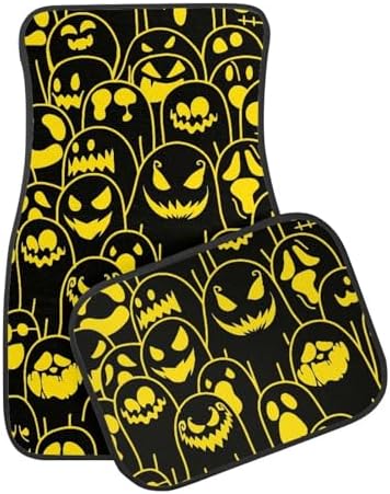 Yellow Black Ghost Print Funny Halloween Car Floor Mats 4 PCS, Cute Durable Interior Accessories for Car SUV, All Weather Floor Mats with Front Rear Trunk Liners Set for Party