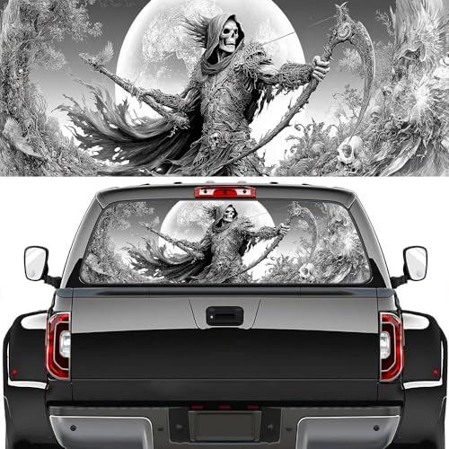 Fantasy Skeleton Rear Window Decal Wrap Graphic, Full Moon Gothic Reaper Vinyl Window Film Truck Back Window Decals,Pickup Trucks Back Window Stickers 66 x 22 inch