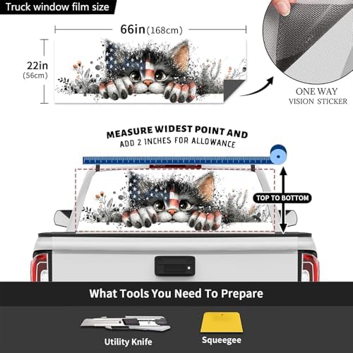 Cute Cat Rear Window Decals for Trucks, Cartoon Animal American Flag Window Decal Back Window Tint Graphic Perforated Vinyl Pickup Truck Stickers 66 x 22 inch
