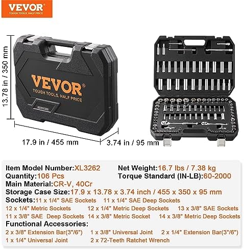 VEVOR Socket Set, 1/4" and 3/8" Drive Socket and Ratchet Set, 6-Point Socket Opening, 106 Pcs Tool Set SAE and Metric, Deep and Standard Sockets, 5/32-1 in, 5-19 mm, with Accessories, Storage Case - Image 6