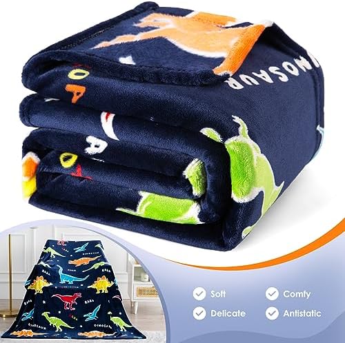Jekeno Dinosaur Glow in The Dark Blanket Dino Gift Throw for Kids Boys Girls Birthday Christmas Halloween Easter Decor for Age 1-16 Years Old Teens Child Toddler Son Throw Navy Blue 50"x60" - Image 5