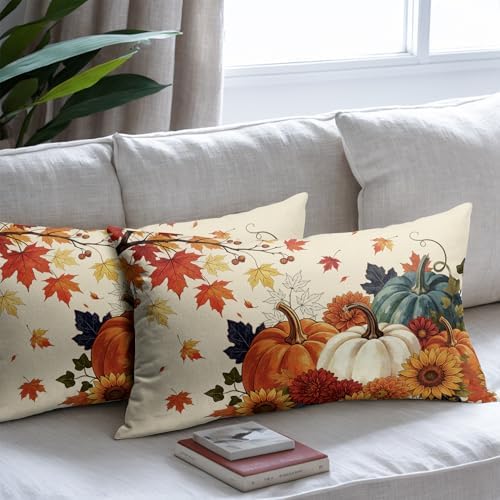 Fall Pumpkin Pillow Covers 12x20 Inch Set of 2, Autumn Blue Orange Throw Pillow Covers Harvest Thanksgiving Lumbar Pillowcase, Maple Leaf Decorative Seasonal Cushion Case Couch for Outdoor Home Decor - Image 7