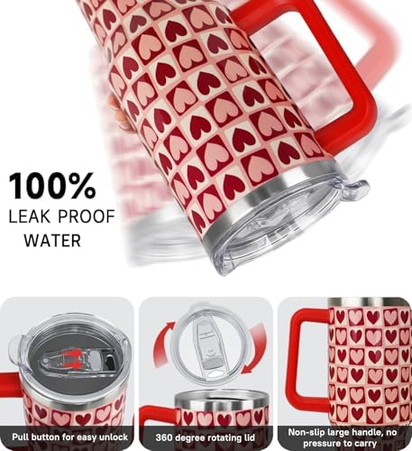 Valentines Tumbler 40oz Love Heart Tumbler Coffee Mugs Buffalo Check Heart Leak Proof Cups with Handle and Straw Stainless Steel Insulated Water Bottle for Valentine Decor Gifts for Women Her(1PCS) - Image 6