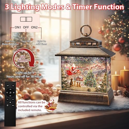 Christmas Snow Globe Lantern Water Glittering Lantern with 8 Songs & 6H Timer Romote Control Christmas Snow Globes USB & Battery Operated for Christmas Festival Decorations Gifts (Santa and Dogs) - Image 3