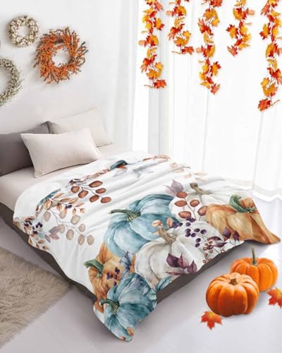 DecorLovee Orange Blue Pumpkins Fall Blanket 40"x50", Reversible Thanksgiving Throw Blanket for Couch/Bed, Vintage Maple Leaf Lightweight Soft Throw Blankets for Girls, Warm Fuzzy Blankets for Winter - Image 4