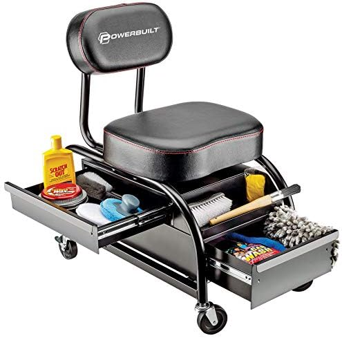Powerbuilt Professional Car Detailers Mechanics Roller Seat, Heavy Duty Garage Stool with Thick Padded Seat and Backrest, 2 Sliding Storage Drawers, Tool Tray, Can Holders, 3in. Swivel Casters–240299 - Image 4