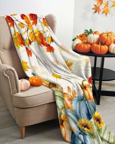 DecorLovee Fall Thanksgiving Blanket 50"x60", Reversible Blue Green Yellow Throw Blanket for Couch/Bed, Pumpkins Maple Leaf Lightweight Soft Throw Blankets for Women, Warm Fuzzy Blankets for Winter - Image 3