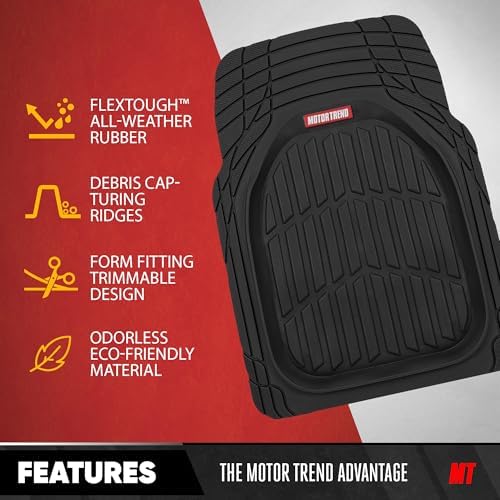Motor Trend FlexTough Contour Liners Deep Dish 3 pc Rubber Floor Mats & Trimmable Trunk Liner Cargo Mat - Heavy Duty All Weather Protection Car Mats with Traction Grips Car Accessories (Black)