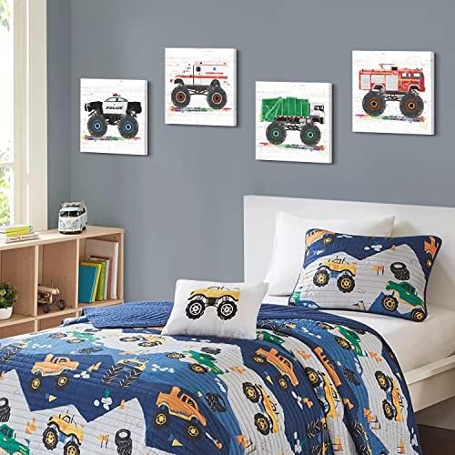 Monster Truck Room Decor Vehicles Pictures Wall Art Cartoon Car Canvas Prints for Boys Room Kids Bedroom Nursery Garbage Firetruck Ambulance Police Car Painting Artwork Home Decorations 20x20” 4 Pcs - Image 5