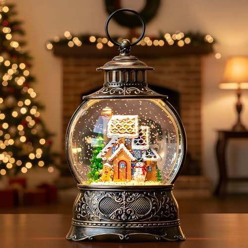 Christmas Snow Globes Christmas Water Lantern with Gingerbread Man & Snowman, Music & 6H Timer, USB Lined/Battery Operated Lighted Lanterns for Xmas Festival Decoration Gifts by ZQQLITE