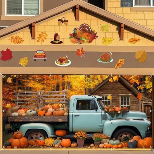 Fall Thanksgiving Garage Door Cover Decorations Backdrop Banner,7x16ft Large Hanging 2 Car Garage Door Cover,Autumn Maple Forest Pumpkin Truck Backdrop Wall Decor for Outdoor Holiday Decorations - Image 4