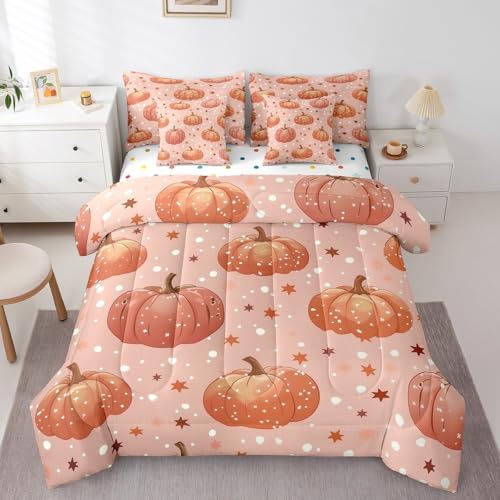 Erosebridal Autumn Full Comforter Set 7 Piece Fall Pumpkin Bedding Sets for Kids Girls Adults Women,Boho Stars Bed in A Bag Vintage Pumpkins Sheet Set with Comforter,Pillow Casea,Pillow Covers by Erosebridal