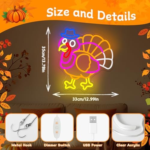 Turkey Neon Sign Thanksgiving Led Sign Dimmable Flashing Light Up Turkey Harvest Festival Party Decorations Fall Led Lights Give Thanks Window Lights Gift - Image 4