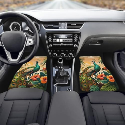 Peacock Car 4 Piece Floor Mat Set, Hibiscus Tropical Floral Universal Fit Protection Heavy Duty Heel Pad Car Mats, Sunset Monstera Car Floor Front and Rear 2 Rows Set