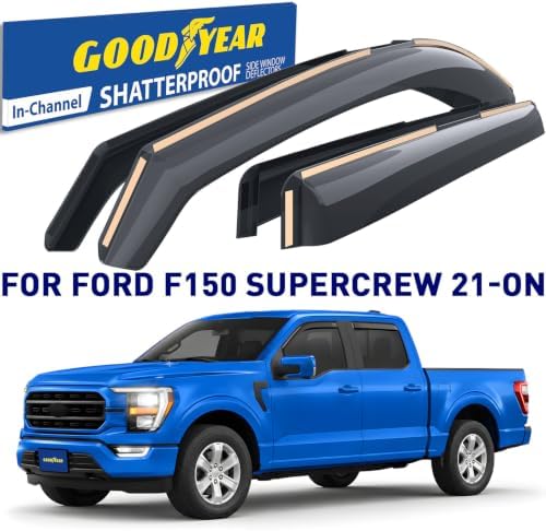 Goodyear Shatterproof in-Channel Window Deflectors for Ford F150 2021-2026 SuperCrew, Rain Guards, Window Visors for Cars, Vent Deflector, Car Accessories, 4 pcs - GY009014