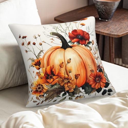 KiuLoam Vintage Fall Pillow Covers 22x22 Inch Set of 2 Vintage Red Black Orange Pumpkin Floral Autumn Print Decorative Throw Pillows Outdoor Halloween Decor Cushion Covers for Sofa Couch Bed - Image 2