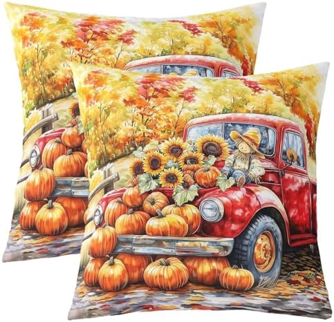 Fall Thanksgiving Day Throw 16"x16" Pillow Covers 2 Pack,Rustic Pumpkin Maple Leaves Sunflower Autumn Double Sides Print Cushion Covers,Retro Red Truck Farmhouse Harvest Pillow Covers by Manfei