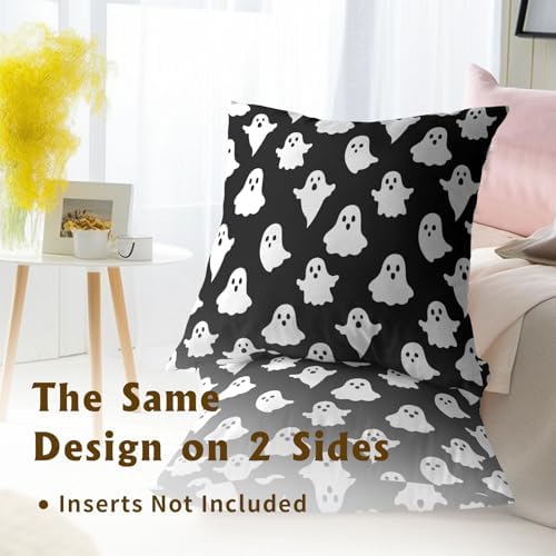 Sweetshow Happy Halloween Throw Pillow Covers 12X12 Inches Set of 2 White Cute Ghost Spooky Black Pillowcase Soft Cotton Square Cushion Covers for Home Sofa Bedroom Decoration - Image 5