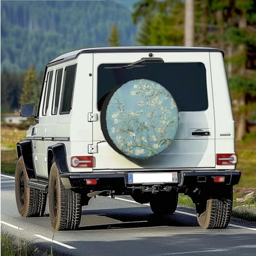 Spare Tire Cover with Camera Hole, Waterproof Wheel Cover with Almond Blossoms in Bloom, Universal for Trailer RV SUV Truck Camper, 5 Sizes From 14-18 Inches, 15" Fit Tire Diameter 27.6"-29.5"