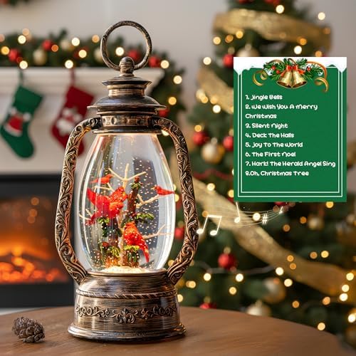 Christmas Snow Globe Lantern Water Glittering 12'' Cardinal with Music, USB Lined/Battery Operated Lighted Lantern for Christmas Festival Decoration Gifts - Image 3