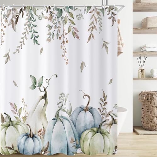 Fall Pumpkins Shower Curtain, Watercolor Green Autumn Pumpkins with Leaves On The Top Harvest Fruits Thanksgiving Bathroom Curtain Waterproof Fabric Machine Washable with Hooks, 48" Wx72 L - Image 3