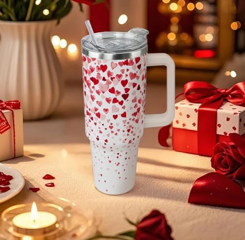 Valentines Tumbler 40oz Love Heart Tumbler Coffee Mugs Watercolor Heart Leak Proof Cups with Handle and Straw Stainless Steel Insulated Water Bottle for Valentine Decor Gifts for Women Her(1PCS) - Image 2