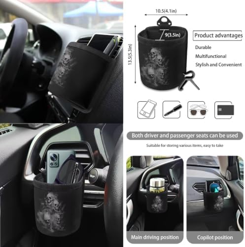 15Pcs Car Seat Cover Full Set Car Steering Wheel Cover Seat Belt Cover Trash Bin Air Vent Storage Box Front Rear View Mirror Car Cup Holder Keychain, Grey Gothic Skulls