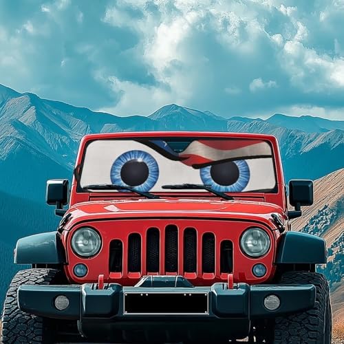Renewold Funny Eyes Car Windshield Sunshade Car Front Window Sun Shade for Jeep Wrangler JK JKU JL JLU 1997-2023 2 & 4 Door Jeep Gladiator Auto Sun Visor Shield Decor Cover Keep Cool American Flag