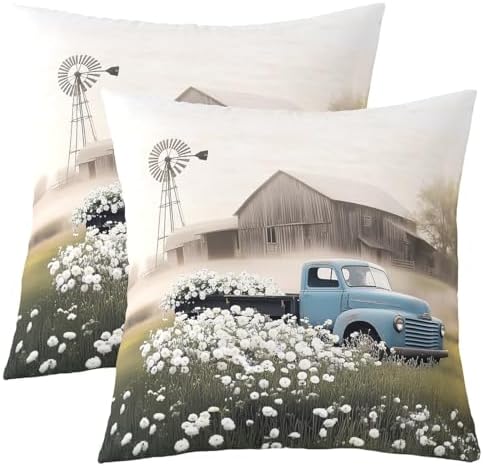 Manfei Rustic Cabin 22"x 22" Pillow Covers,Vintage Treal Truck Farmhouse Throw Pillow Case Covers,Natural White Daisy Flowers Vintage Double Sides Print Cushion Covers,2 Pack by Manfei